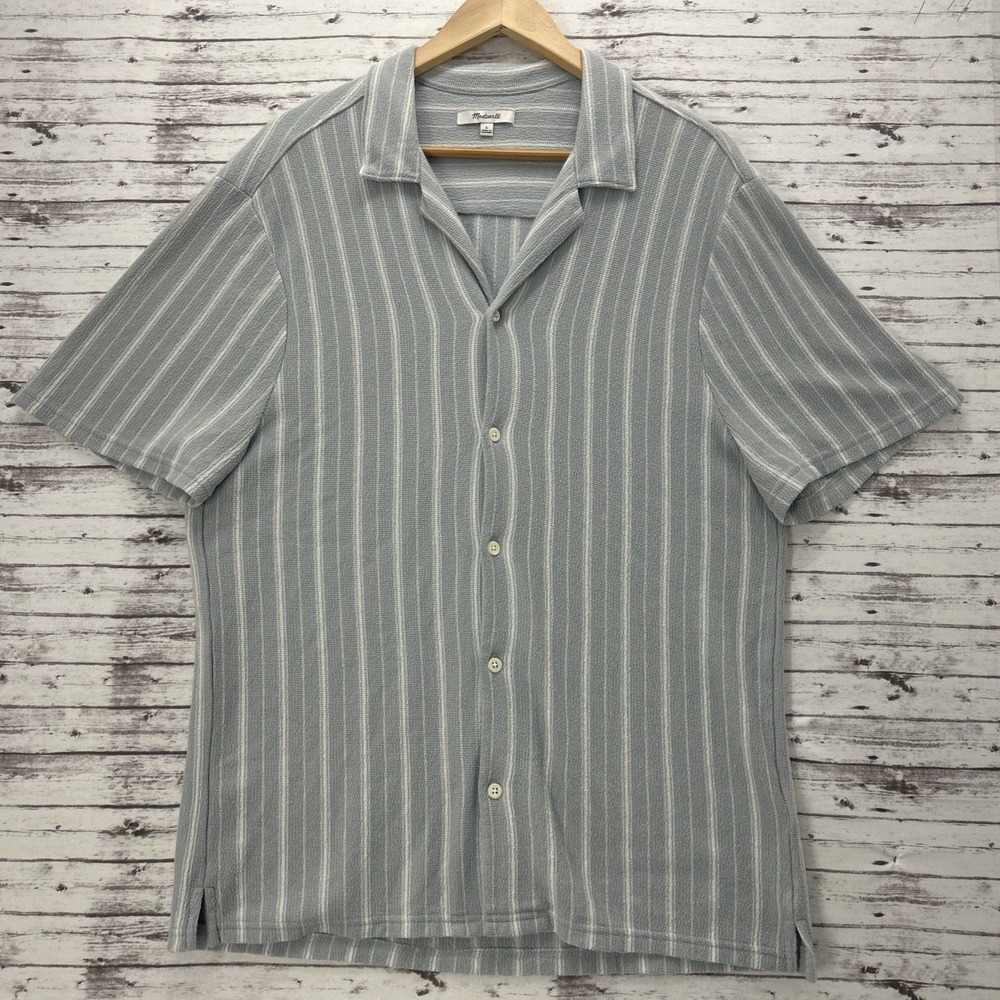 Madewell Terry Cloth Short Sleeve Button Up Shirt Men's Large Striped Blue Gray